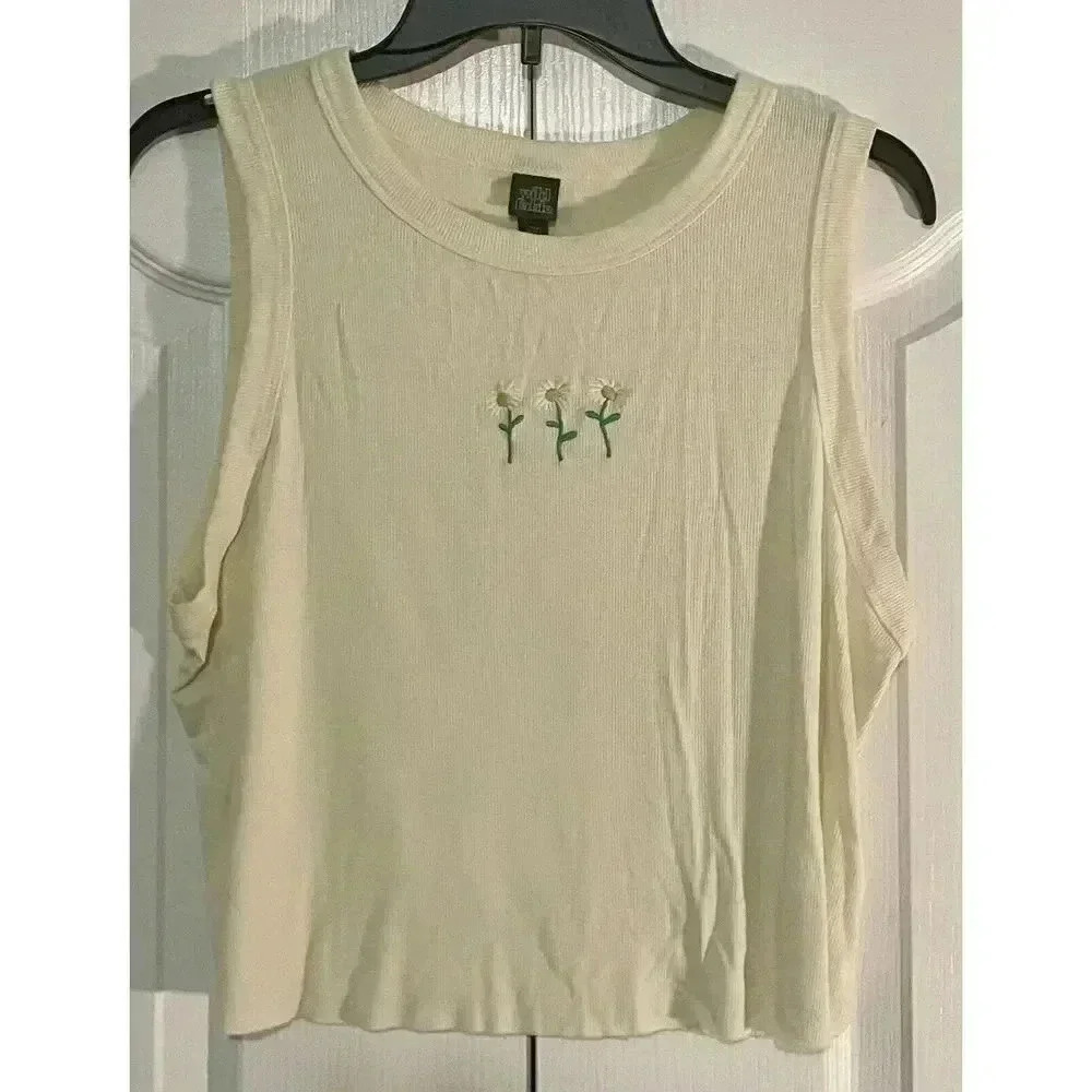 Wild Fable Embroidered Flower Ribbed Yellow Tank Crop Top Women’s XXL